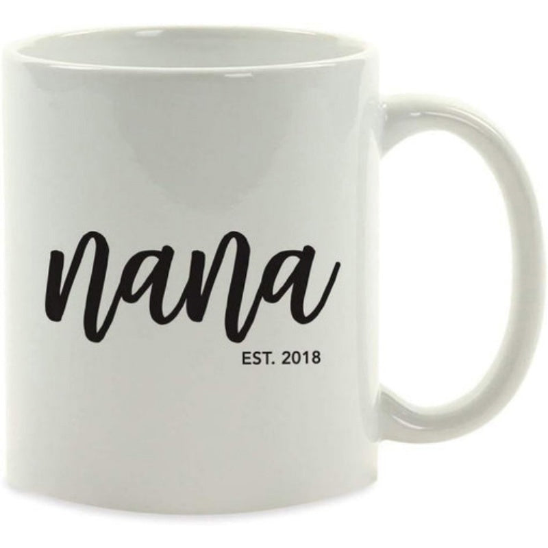 Tailorly White Ceramic 11 oz Mug - Nana Est 2018 Minimalist Black Script Lettering Featuring Modern Clean White Ceramic Texture Mug