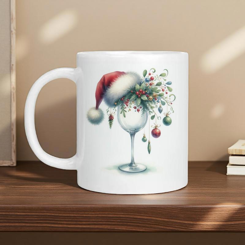 Tailorly White Ceramic 11 oz Mug - Festive Holiday Elements Adorned With Santa Hat And Seasonal Greenery Christmas Wine Glass