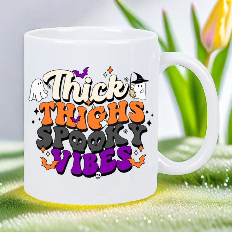 Tailorly White Ceramic 11 oz Mug - Thick Thighs Spooky Vibes Retro Groovy Lettering Surrounded By Friendly Cartoon Ghosts And Flying Bats Mug