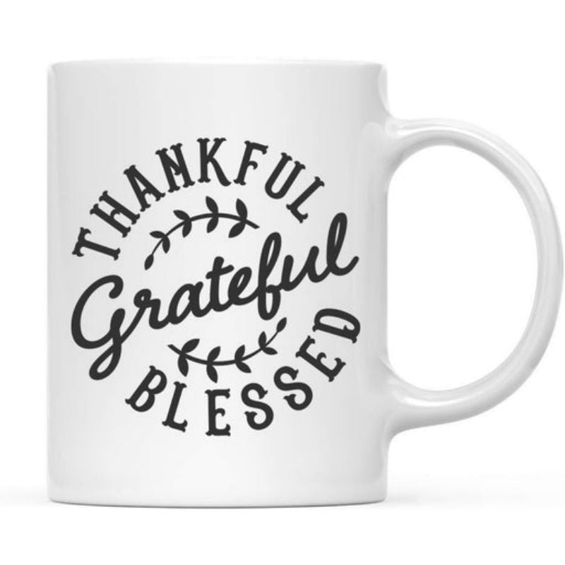 Tailorly White Ceramic 11 oz Mug - Thankful Grateful Blessed Elegant Circular Design Featuring Delicate Hand Drawn Leafy Branches Badge