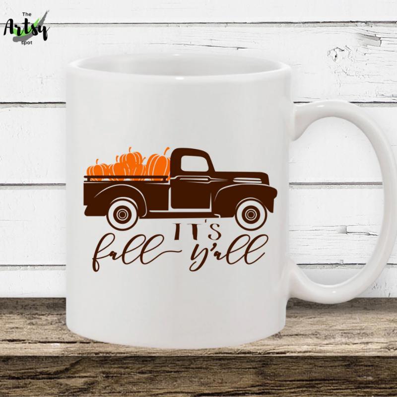 Tailorly White Ceramic 11 oz Mug - Its Fall Yall Vintage Brown Pickup Carrying Harvest Pumpkins On A White Background Truck