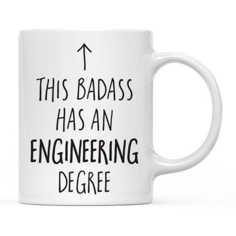 Tailorly White Ceramic 11 oz Mug - This Badass Has An Engineering Degree Simple Minimalist Black Upward Pointing Arrow On