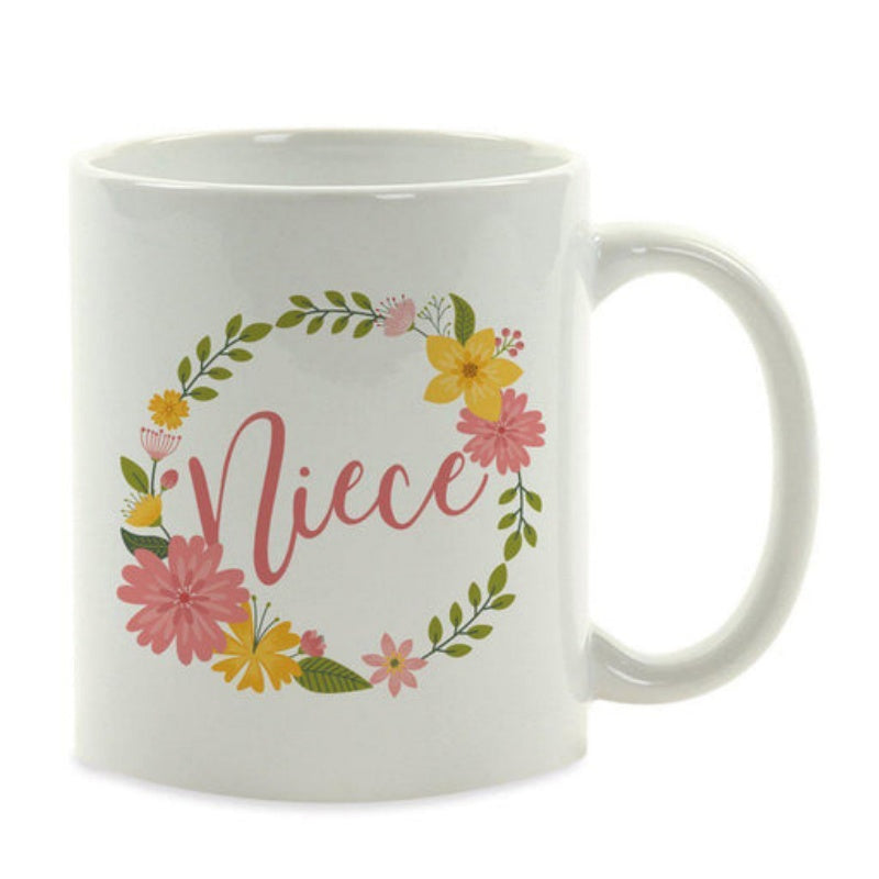 Tailorly White Ceramic 11 oz Mug - Niece Colorful Blooming Flowers And Delicate Green Leaves In A Circular Wreath