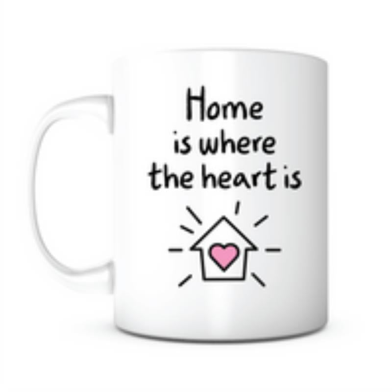 Tailorly White Ceramic 11 oz Mug - Home Is Where The Heart Is Minimalist Line Art Sketching A Warm Radiant Glowing Pink Heart House