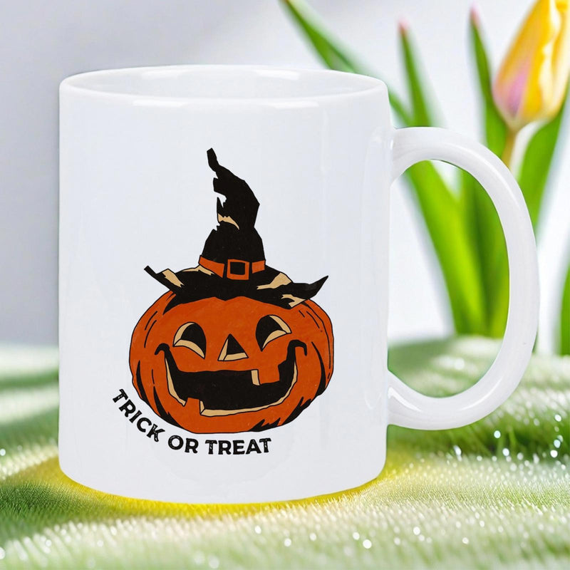 Tailorly White Ceramic 11 oz Mug - Trick Or Treat Smiling Carved Halloween Pumpkin Wearing A Black Pointed Witch Hat Pumpkin