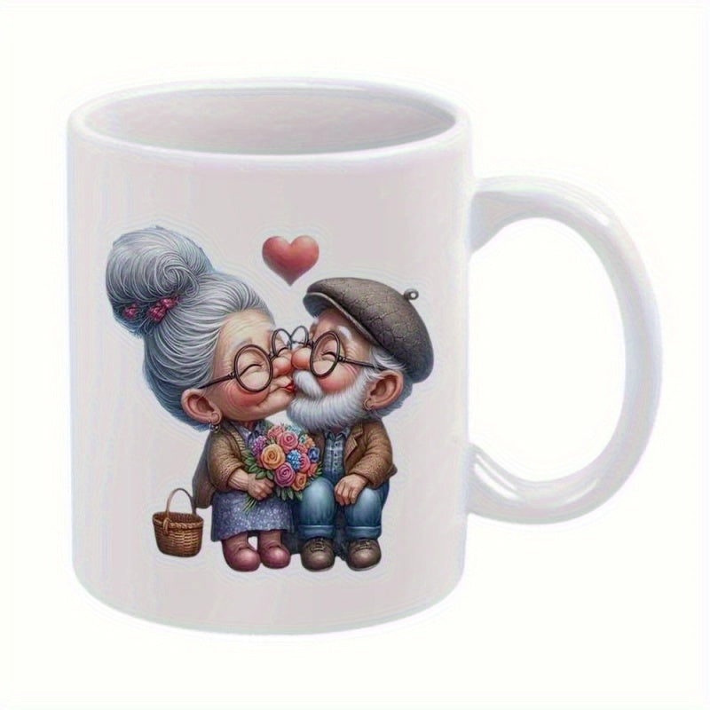 Tailorly White Ceramic 11 oz Mug - Adorable Cartoon Elderly Couple Sharing A Sweet Kiss Holding Flowers With Heart Couple