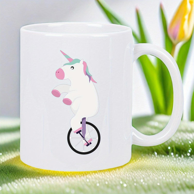Tailorly White Ceramic 11 oz Mug - Charming Mythical Creature Balancing On A Single Black Wheel Unicycle Unicorn