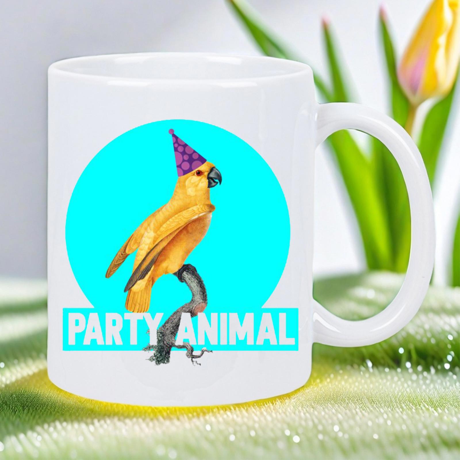 Tailorly White Ceramic 11 oz Mug - Party Animal Vibrant Yellow Bird Wearing Festive Purple Party Hat On Branch Parrot