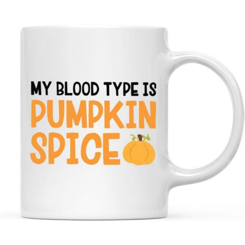 Tailorly White Ceramic 11 oz Mug - My Blood Type Is Pumpkin Spice Seasonal Autumn Harvest Theme With Small Round Orange Hand Drawn Pumpkin