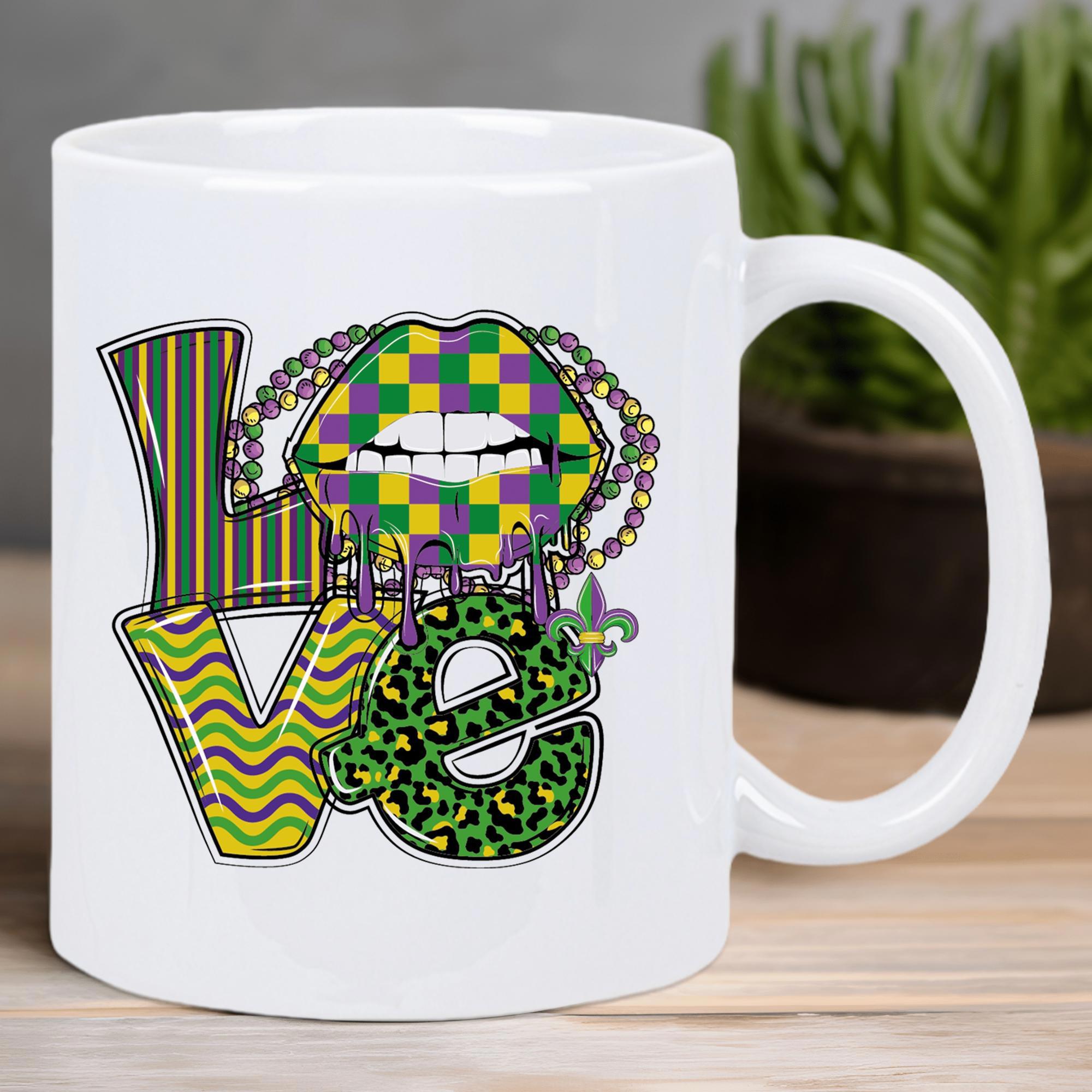 Tailorly White Ceramic 11 oz Mug - Love Mardi Gras Themed Patterned Lips With Festive Beads And Elegant Fleur De Lis Lips