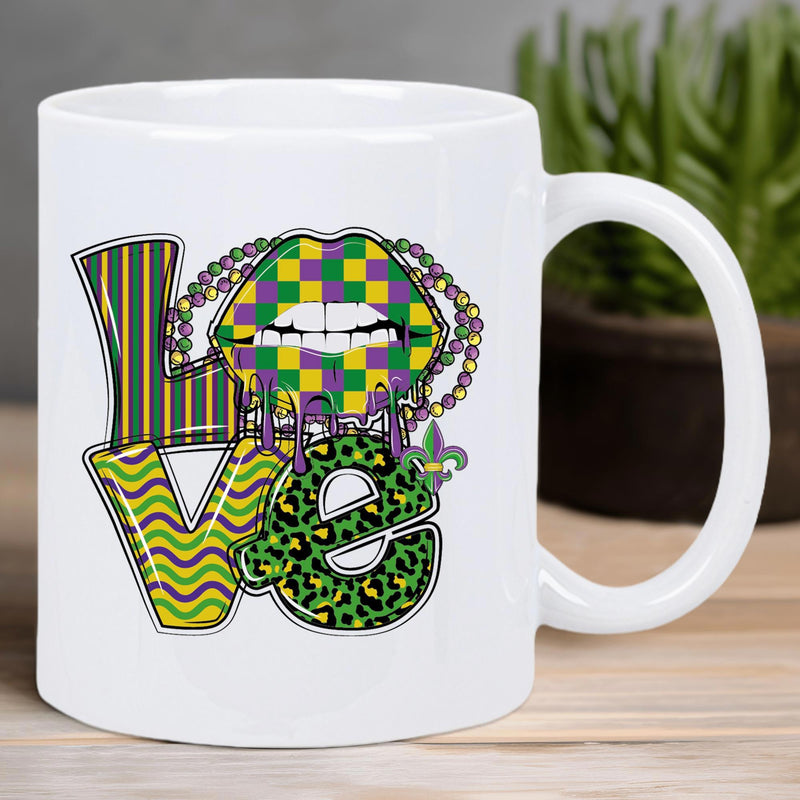 Tailorly White Ceramic 11 oz Mug - Love Mardi Gras Themed Patterned Lips With Festive Beads And Elegant Fleur De Lis Lips