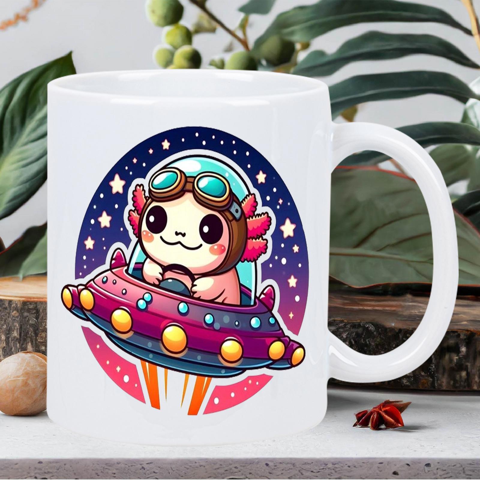 Tailorly White Ceramic 11 oz Mug - Whimsical Cartoon Character Piloting Flying Saucer Through Twinkling Galaxy Space Axolotl
