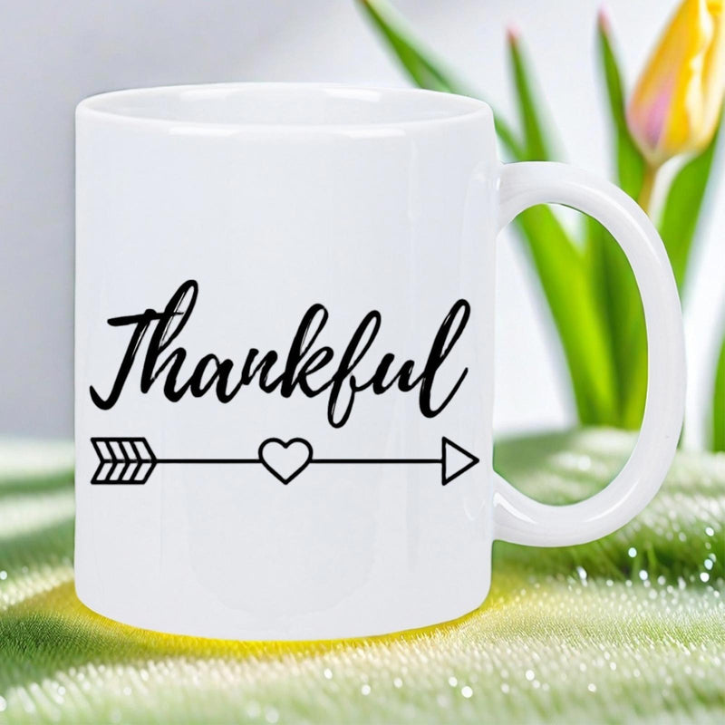 Tailorly White Ceramic 11 oz Mug - Thankful Elegant Cursive Script With A Minimalist Heart Pierced Geometric Arrow