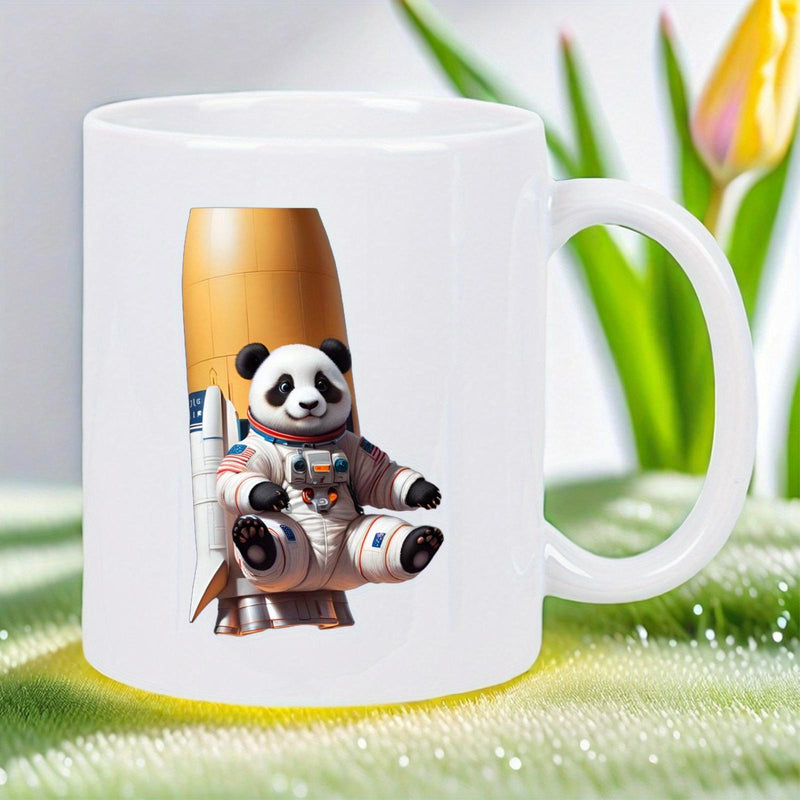 Tailorly White Ceramic 11 oz Mug - Cute Space Suit Panda Sitting Before A Golden Rocket Launch Panda