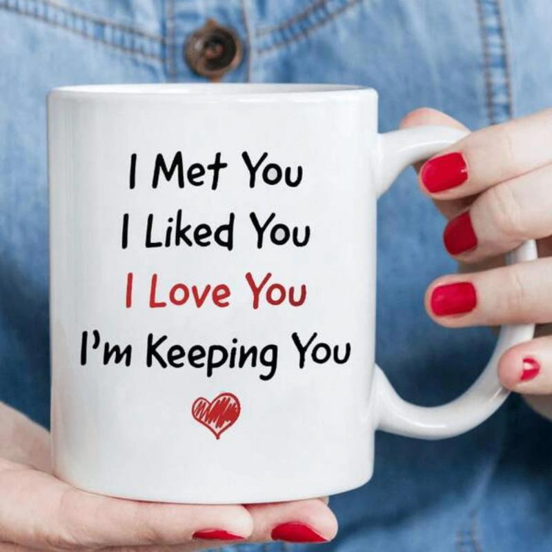 Tailorly White Ceramic 11 oz Mug - I Met You I Liked You I Love You I'm Keeping You Simple Hand Drawn Red Heart Icon On Minimalist White Ceramic Heart