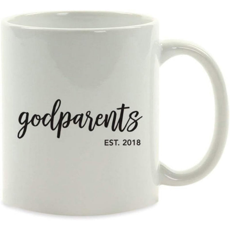 Tailorly White Ceramic 11 oz Mug - Godparents Est 2018 Elegant Script Typography On A Plain White Minimalist Decorative Sign