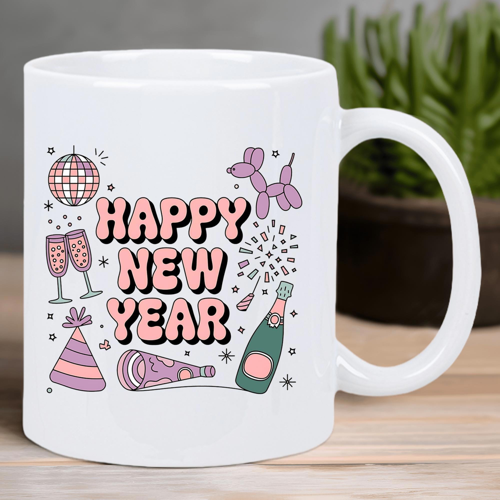 Tailorly White Ceramic 11 oz Mug - Happy New Year Pink Retro Lettering With Disco Ball And Champagne Bottle Party Mug