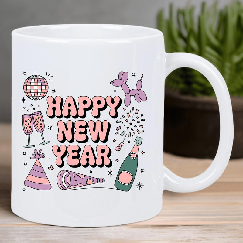 Tailorly White Ceramic 11 oz Mug - Happy New Year Pink Retro Lettering With Disco Ball And Champagne Bottle Party Mug