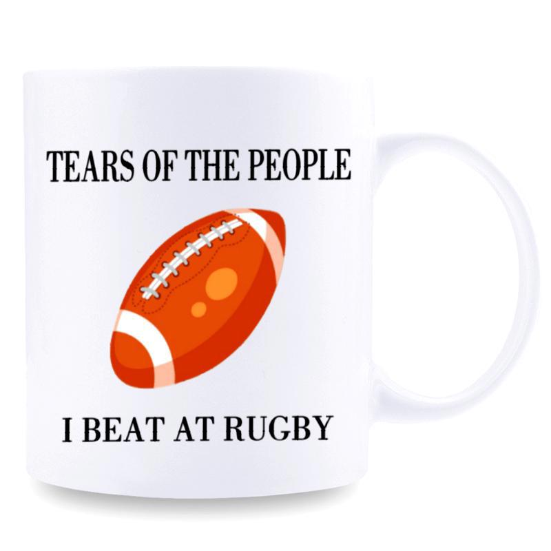 Tailorly White Ceramic 11 oz Mug - Tears Of The People I Beat At Rugby Classic Textured Orange Sports Ball With White Laces Rugby Ball
