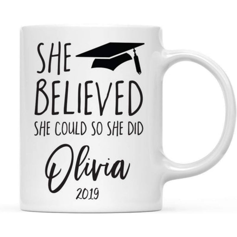 Tailorly White Ceramic 11 oz Mug - She Believed She Could So She Did Olivia 2019 Minimalist Black Graduation Cap With Hanging Tassel Symbolizing Academic Success