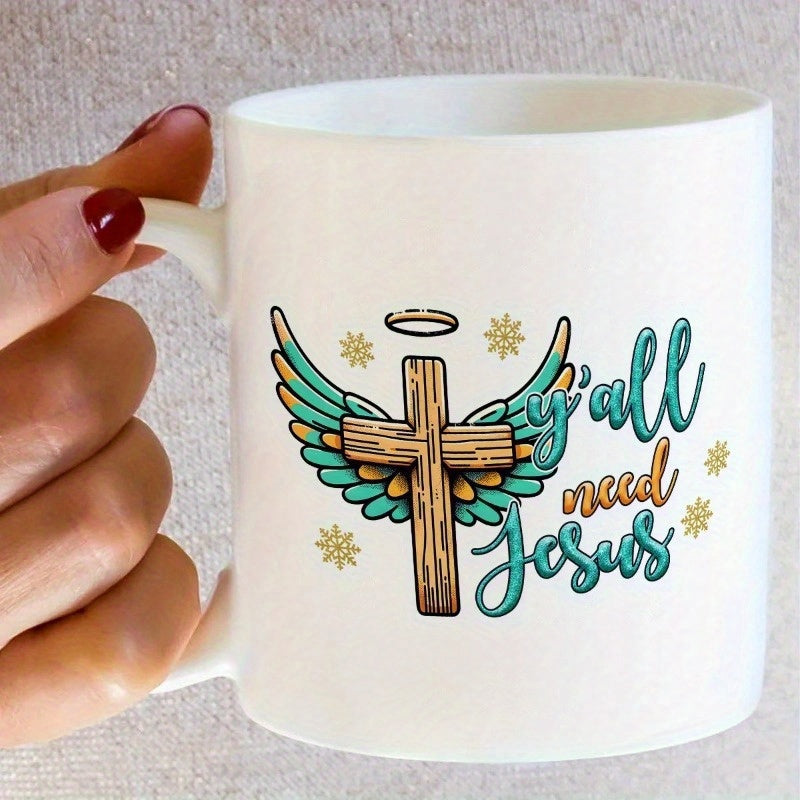 Tailorly White Ceramic 11 oz Mug - Yall Need Jesus Rustic Wooden Texture With Majestic Feathered Wings And Divine Golden Halo Cross
