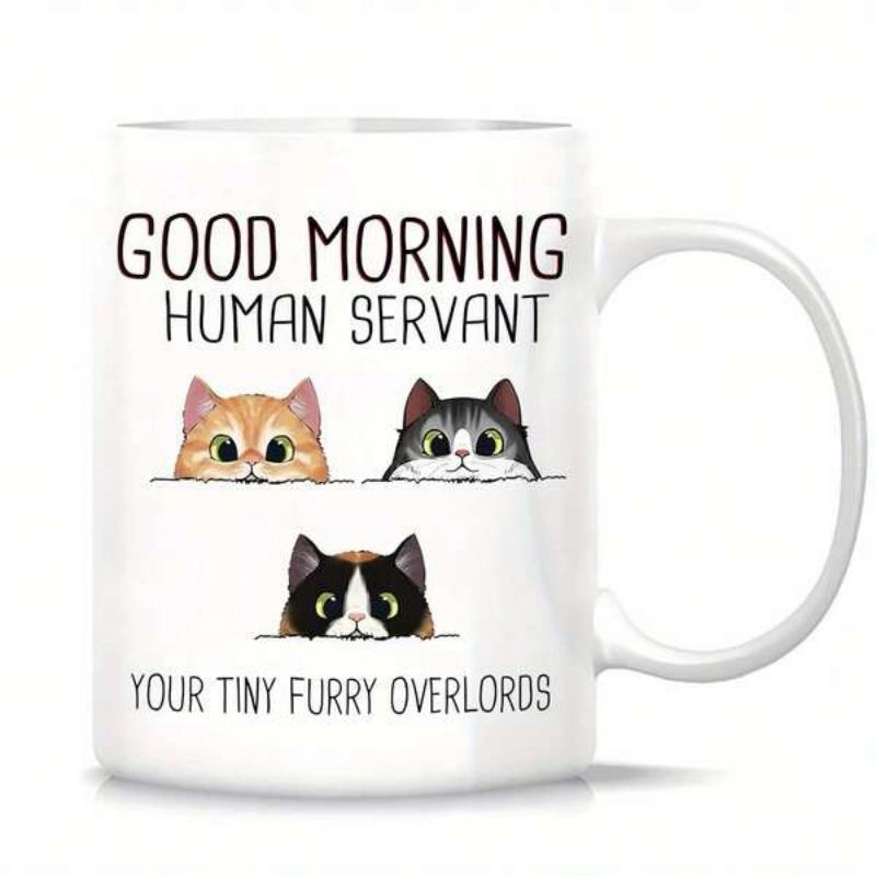 Tailorly White Ceramic 11 oz Mug - Good Morning Human Servant Your Tiny Furry Overlords Three Adorable Peeking Kittens With Big Eyes And Expressive Faces Cat