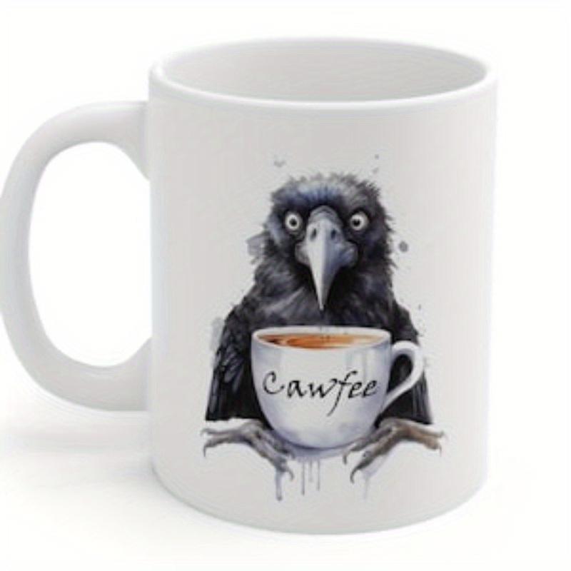 Tailorly White Ceramic 11 oz Mug - Cawfee Dark Feathers Watercolor Illustration Holding A Steaming Cup Of Hot Crow
