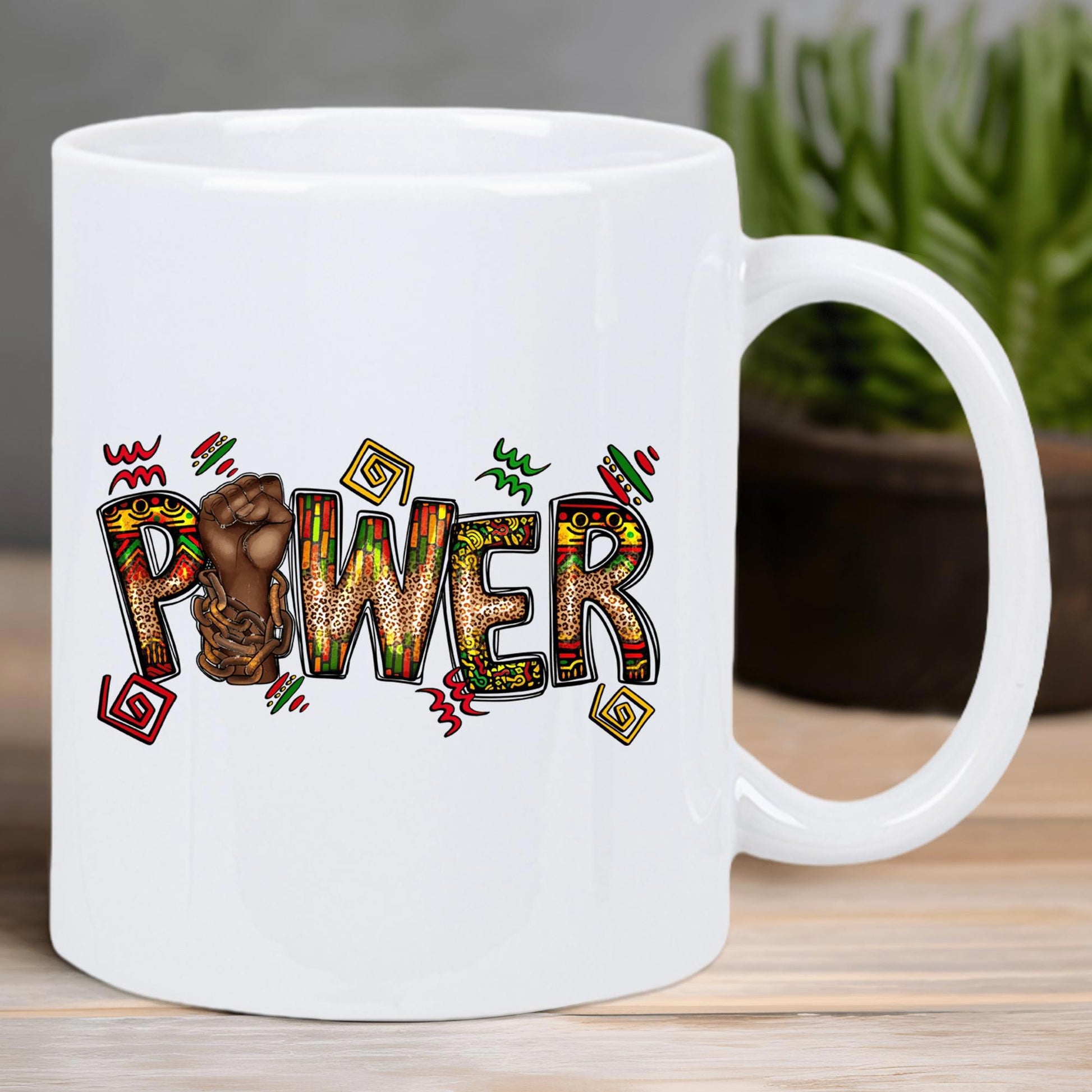Tailorly White Ceramic 11 oz Mug - Power Colorful Ethnic Geometric Patterns Surrounding A Bold Hand Symbolizing Cultural Unity Sign