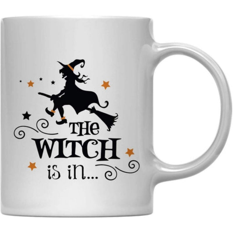 Tailorly White Ceramic 11 oz Mug - The Witch Is In Silhouette Flying Across Night Sky Surrounded By Floating Stars With Broomstick Witch