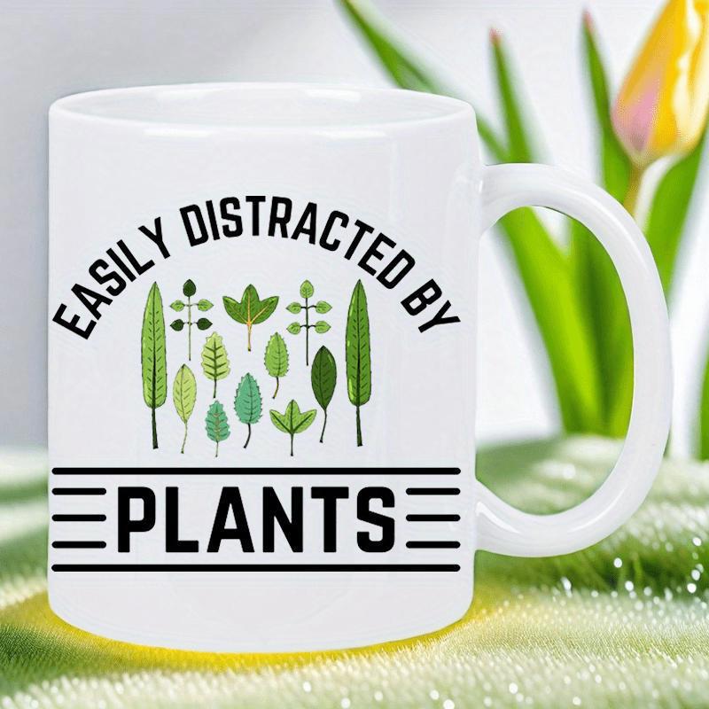 Tailorly White Ceramic 11 oz Mug - Easily Distracted By Plants Vibrant Green Botanical Leaf Collection Set Among Minimalist Artistic Lines Plants