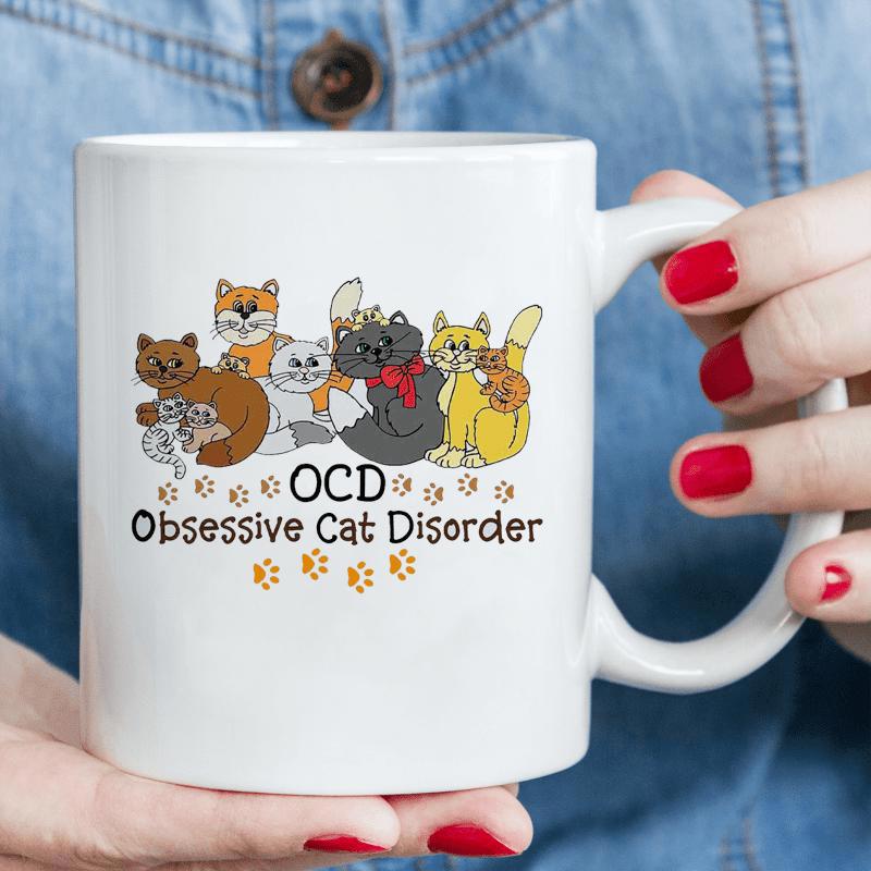 Tailorly White Ceramic 11 oz Mug - Ocd Obsessive Cat Disorder Group Of Diverse Cute Cartoon Felines Standing Beside Tiny Paw Prints Cat
