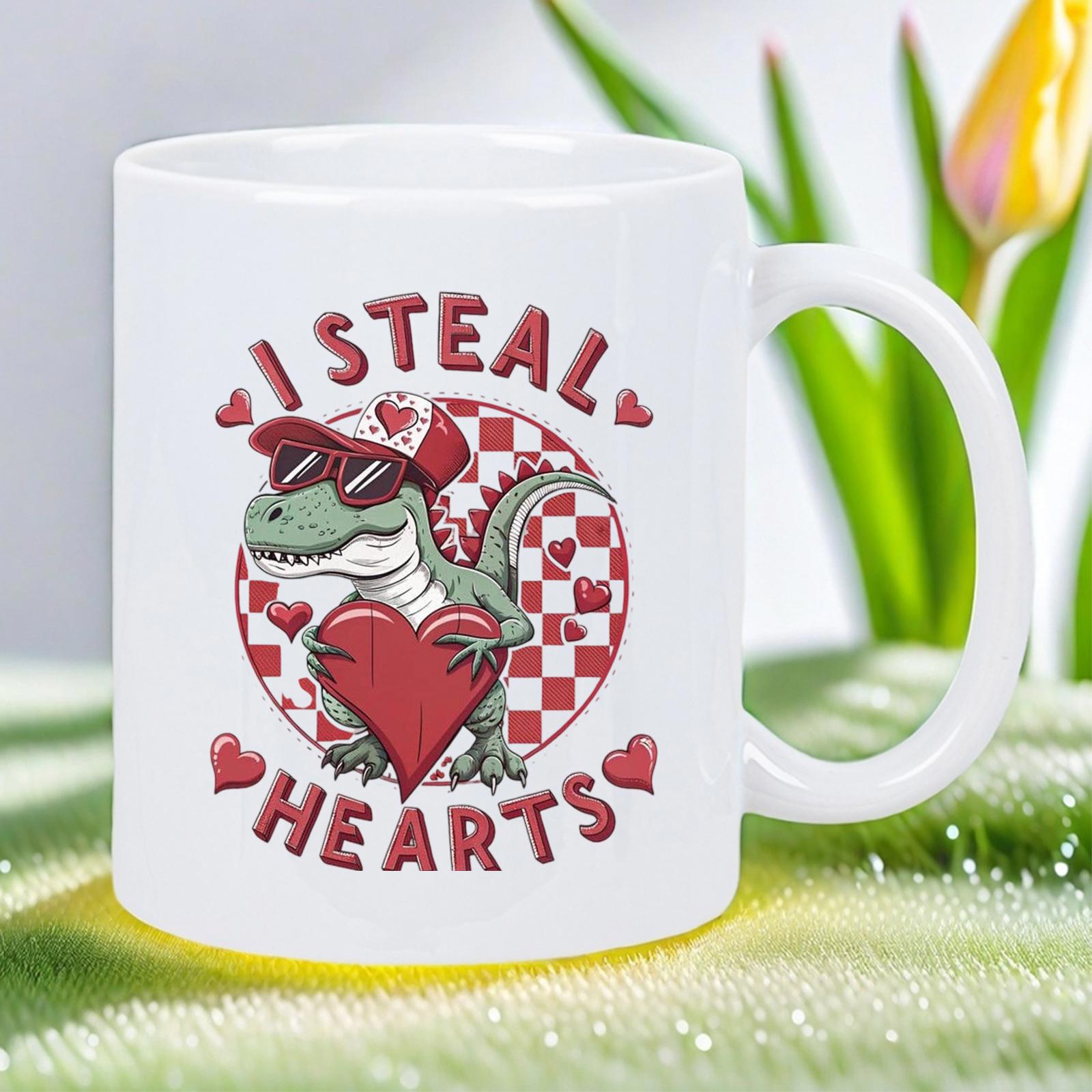 Tailorly White Ceramic 11 oz Mug - I Steal Hearts Cute Cartoon Wearing Sunglasses Holding Red Heart Surrounded By Small Hearts Dinosaur