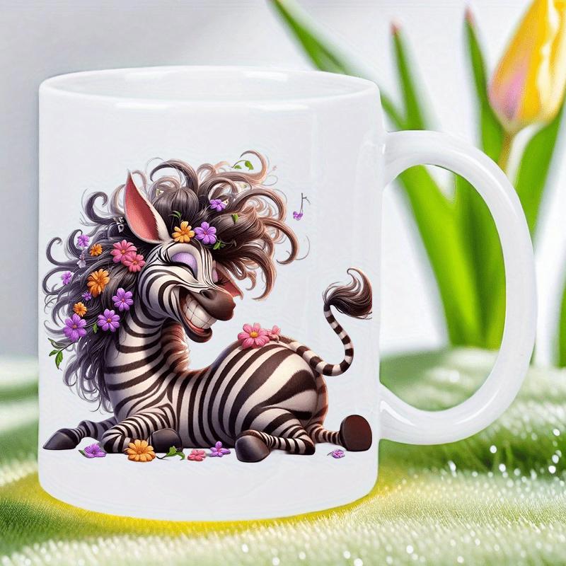 Tailorly White Ceramic 11 oz Mug - Happy Animated Zebra With Colorful Spring Flowers Among Flowing Mane Zebra