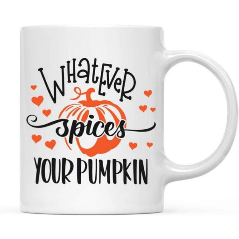 Tailorly White Ceramic 11 oz Mug - Whatever Spices Your Pumpkin Vibrant Orange Graphic With Decorative Swirls Among Tiny Hearts Pumpkin