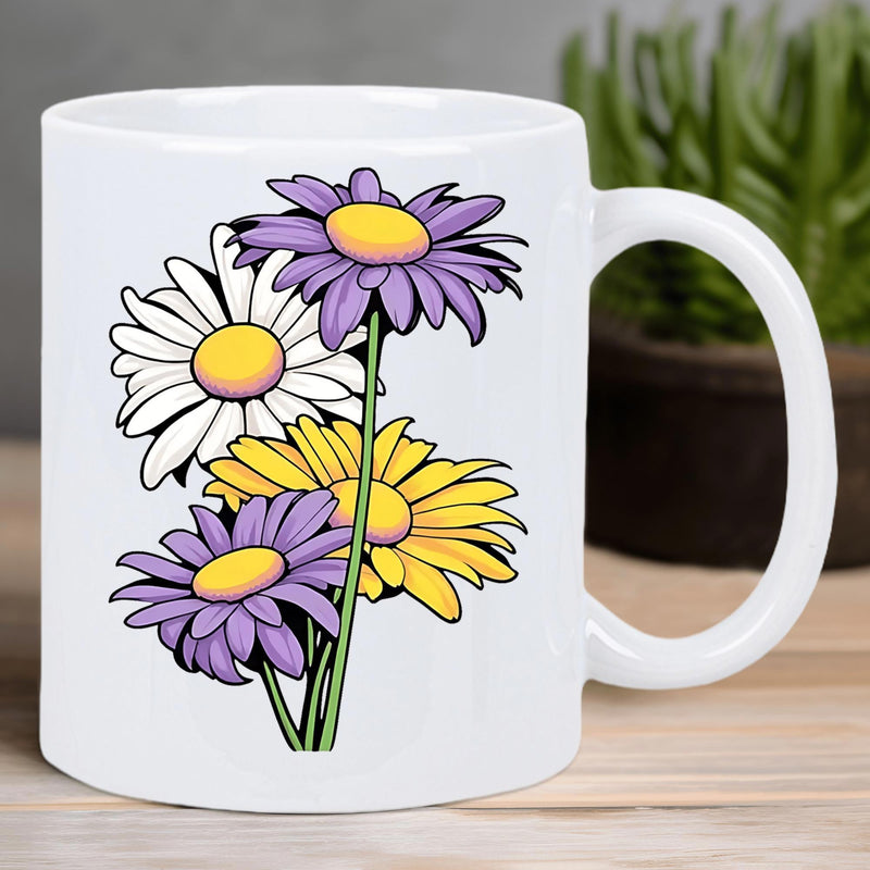 Tailorly White Ceramic 11 oz Mug - Vibrant Blooming Daisies With Delicate Petals Among Slender Green Stems Flower