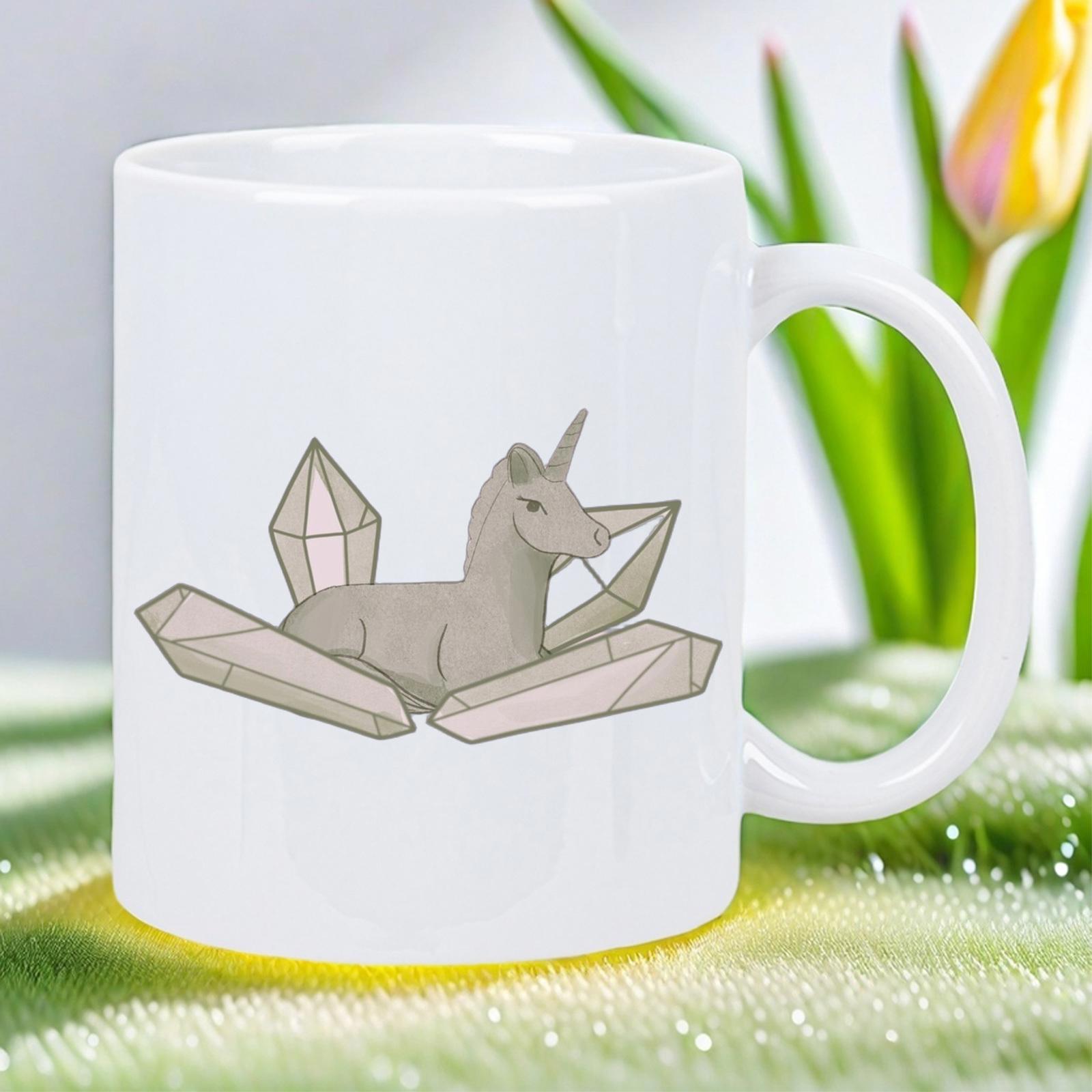 Tailorly White Ceramic 11 oz Mug - Graceful Mythical Creature Resting Among Large Geometric Crystalline Shards In Nature Unicorn