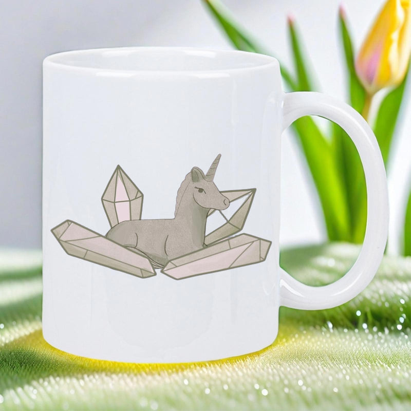 Tailorly White Ceramic 11 oz Mug - Graceful Mythical Creature Resting Among Large Geometric Crystalline Shards In Nature Unicorn