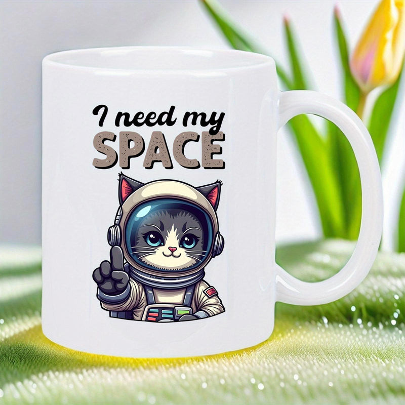 Tailorly White Ceramic 11 oz Mug - I Need My Space Adorable Fluffy Astronaut Kitten Wearing Detailed White Space Suit Cat