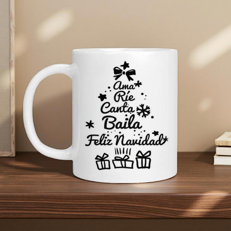 Tailorly White Ceramic 11 oz Mug - Festive Minimalist Holiday Silhouette Featuring Stars Snowflakes And Gift Boxes Tree