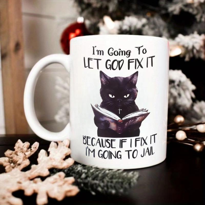 Tailorly White Ceramic 11 oz Mug - Im Going To Let God Fix It Because If I Fix It Im Going To Jail Mysterious Black Feline Focused On Reading An Open Book Cat