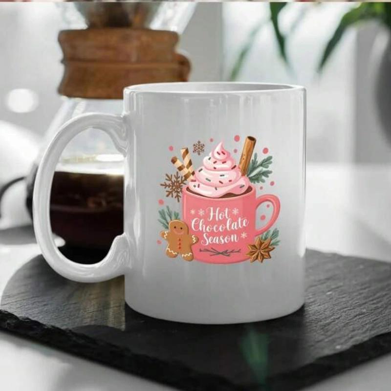 Tailorly White Ceramic 11 oz Mug - Hot Chocolate Season Warm Pink Cup With Whipped Cream Sprinkles And Cinnamon Stick Cocoa