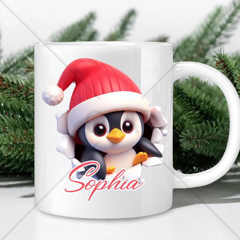 Tailorly White Ceramic 11 oz Mug - Sophia Adorable Little Christmas Penguin Wearing Red Santa Hat Popping Out Penguin