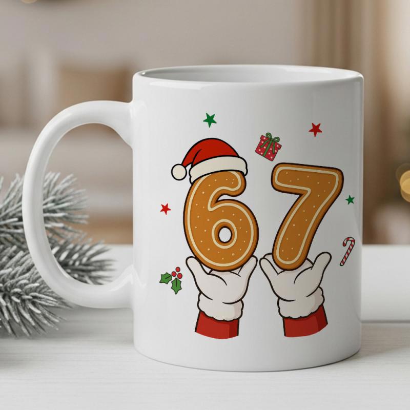 Tailorly White Ceramic 11 oz Mug - Christmas Holiday Festive Gingerbread Numbers With Santa Hat And Decorative Stars Gingerbread