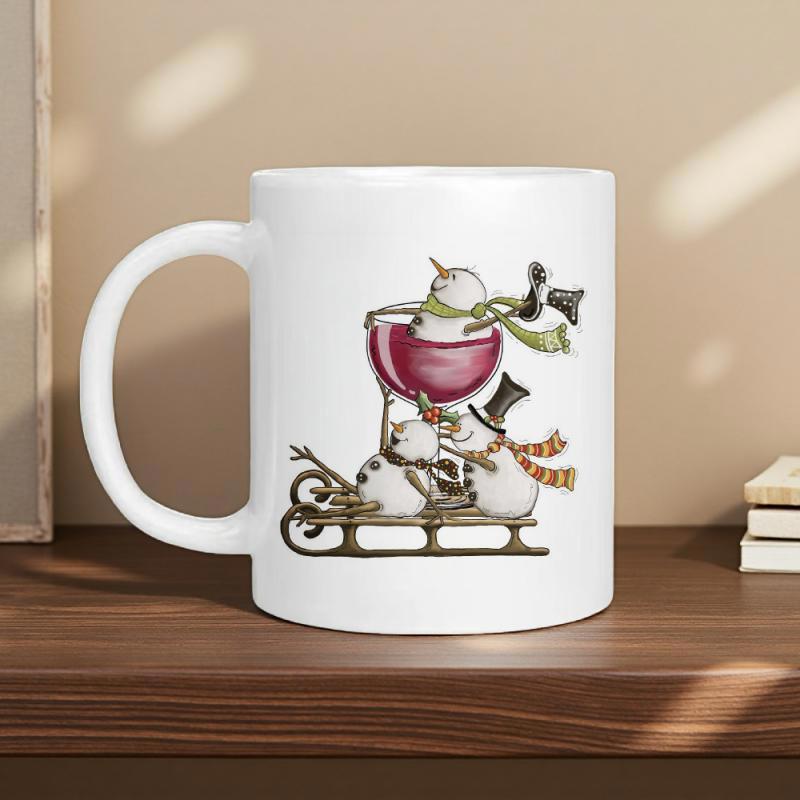 Tailorly White Ceramic 11 oz Mug - Playful Festive Snowmen Riding A Wooden Sled Through Winter Snow Snowman