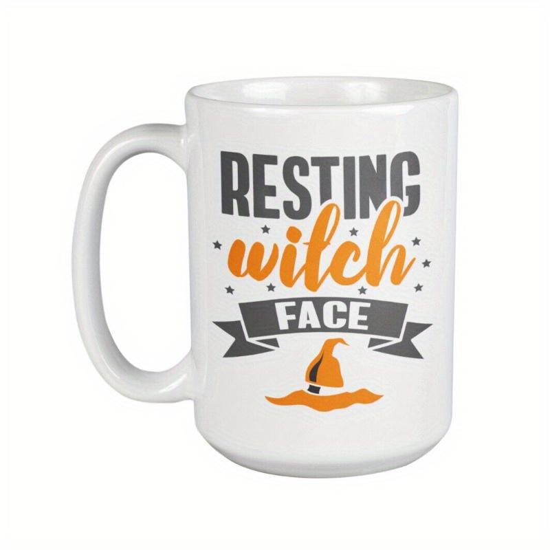 Tailorly White Ceramic 11 oz Mug - Resting Witch Face Playful Orange Pointed Hat Surrounded By Decorative Stars And Floating Dots Witch Hat
