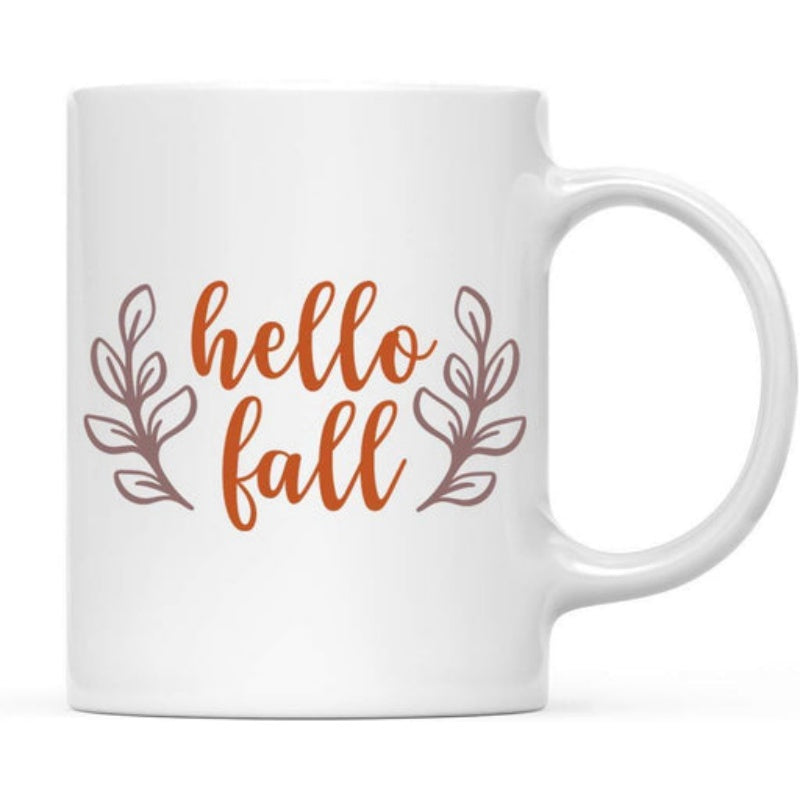 Tailorly White Ceramic 11 oz Mug - Hello Fall Symmetrical Autumn Leafy Branches Flanking Elegant Script Design Mug