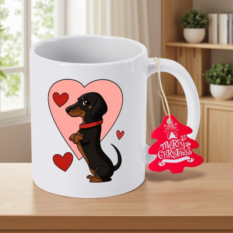 Tailorly White Ceramic 11 oz Mug - Merry Christmas Cute Cartoon Black And Tan Dog Sitting In Front Of Pink Heart Dachshund