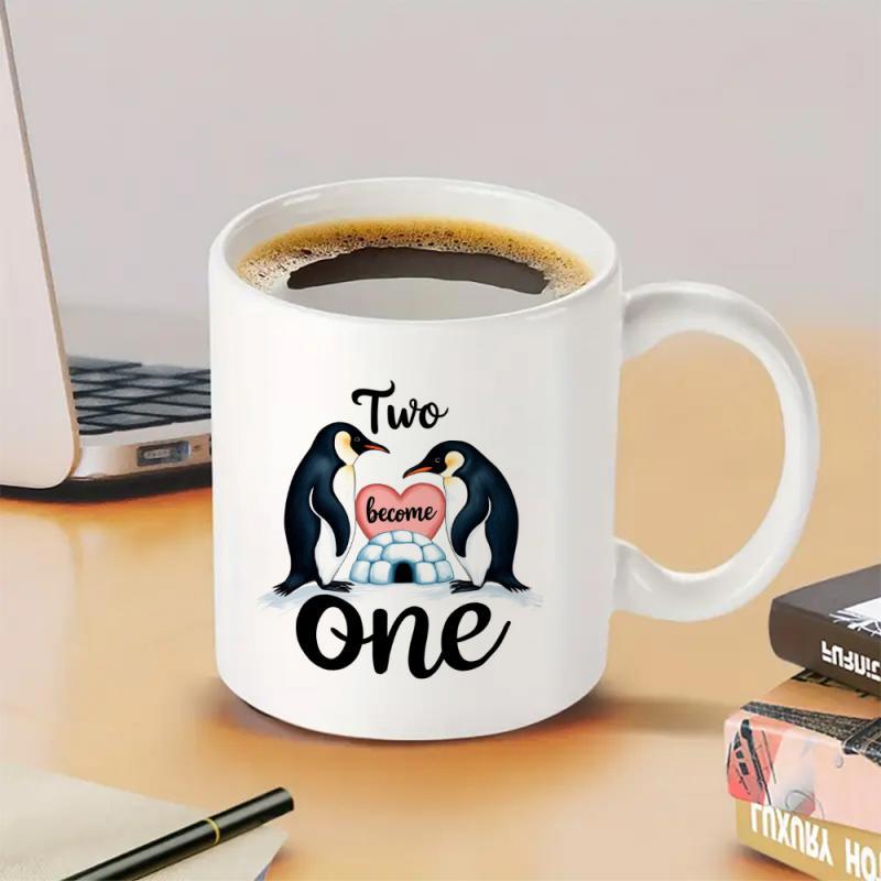 Tailorly White Ceramic 11 oz Mug - Two Becomes One Two Adorable Penguins Facing Each Other Near A Pink Love Heart Penguin