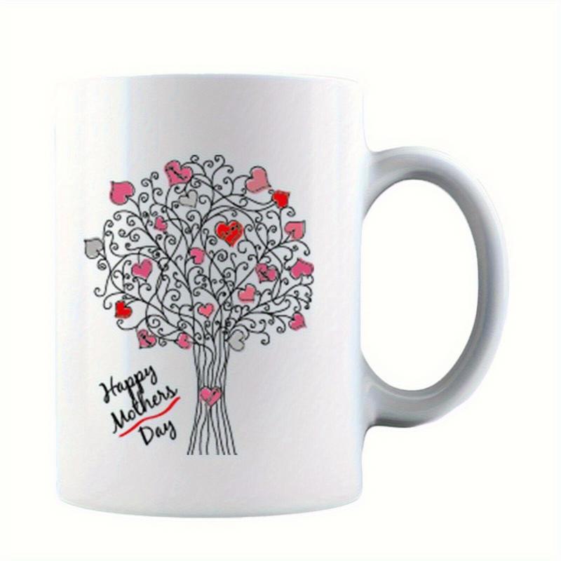Tailorly White Ceramic 11 oz Mug - Happy Mothers Day Stylized Artistic Branching Tree With Vibrant Pink Red Heart Shaped Leaves Tree