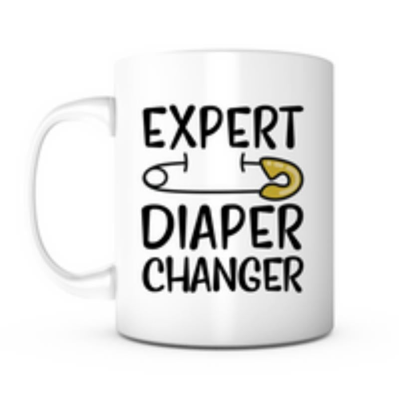 Tailorly White Ceramic 11 oz Mug - Expert Diaper Changer Humorous Hand Drawn Text Centered Around A Golden Safety Pin